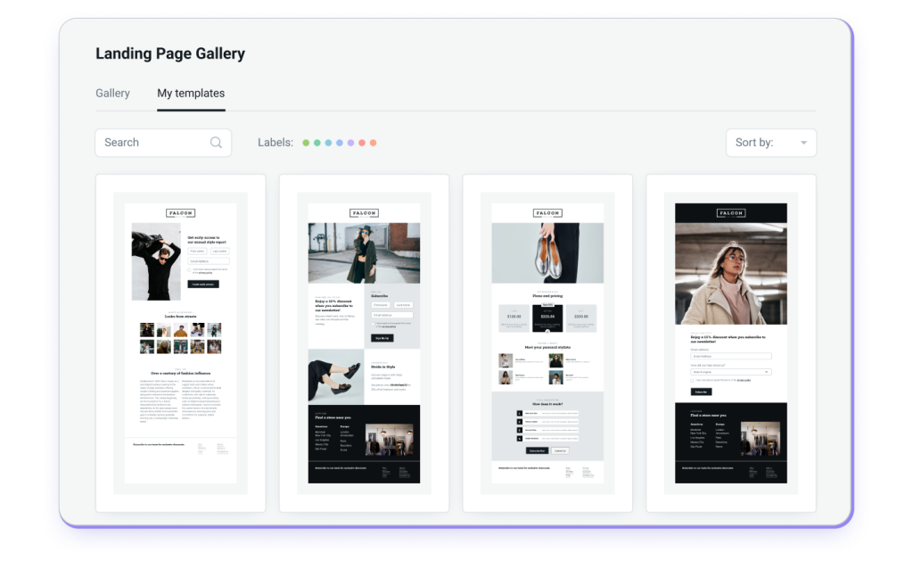 Template gallery for landing pages built with Mailjet