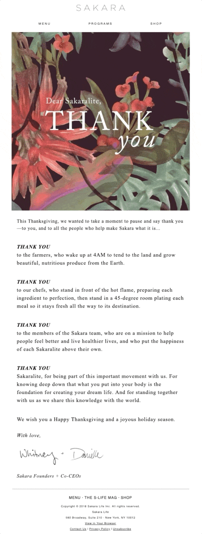 Thanksgiving message with flowery pulsating GIF and “Thank you” message
