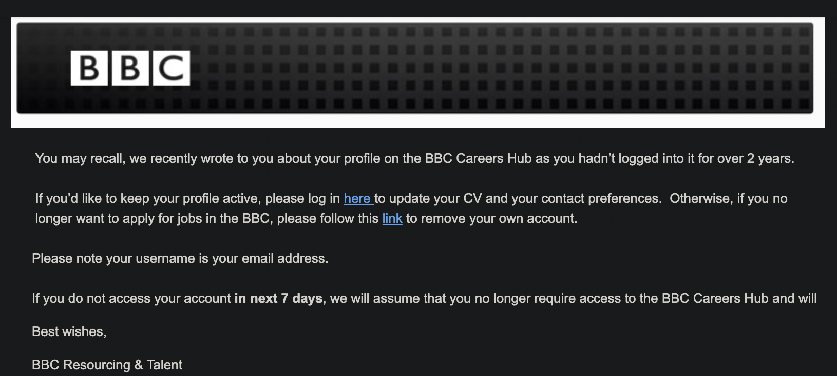 BBC Careers Hub profile reactivation email.