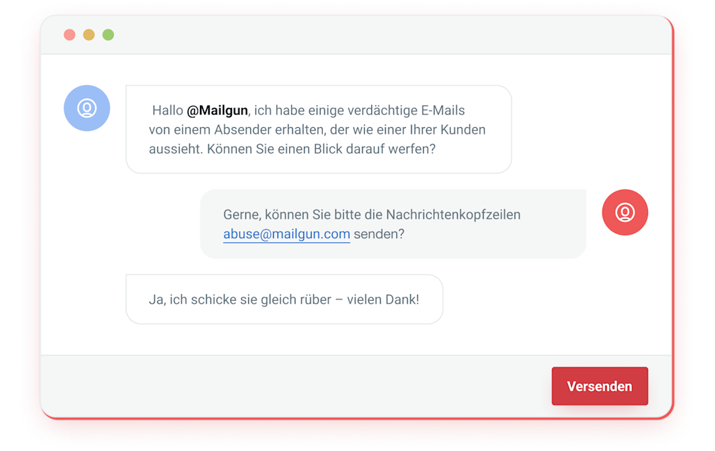 Eine Chatunterhaltung mit Mailgun zur Meldung von Missbrauch