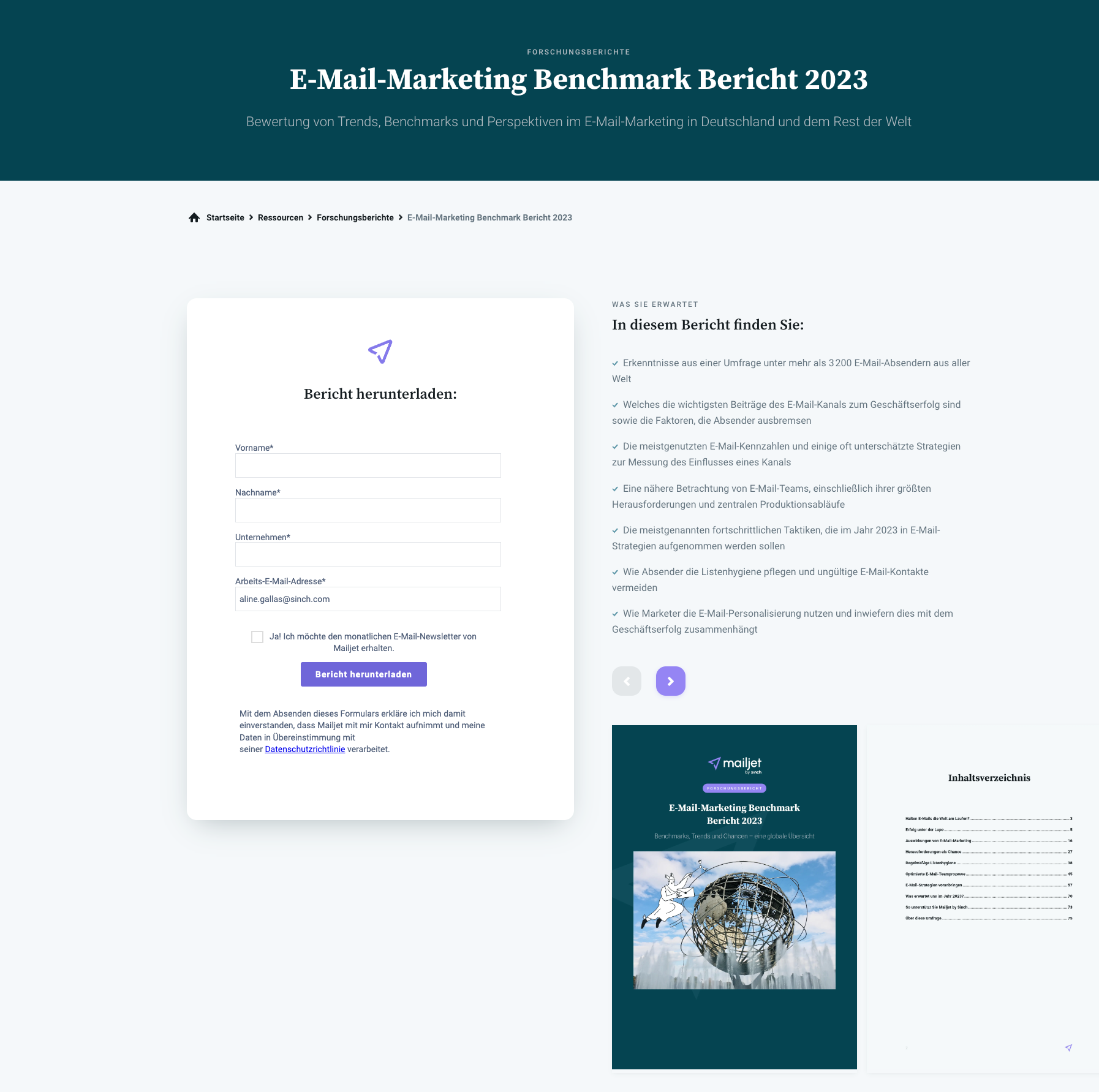 Landingpage für den E-Mail-marketing Benchmark Bericht 2023