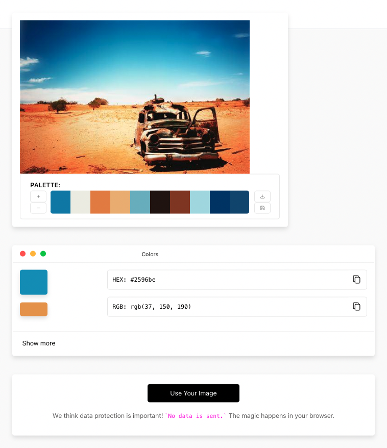 A color palette of a rusted car in the desert.