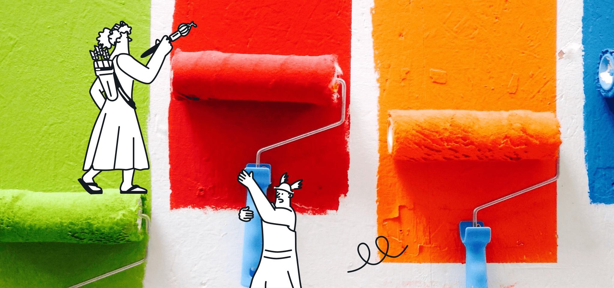 Hermes and a Goddess paint a wall with brushes