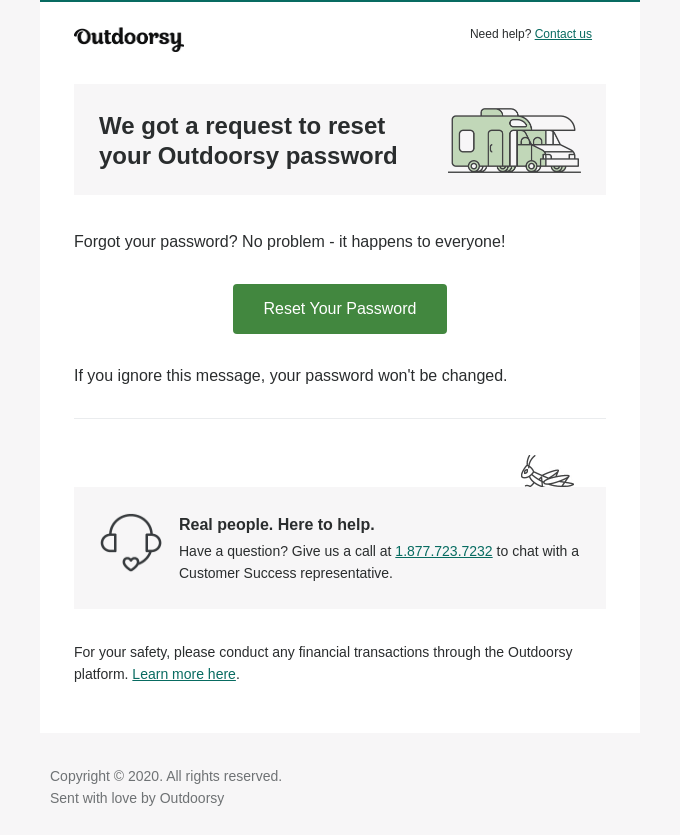Password reset email from Outdoorsy