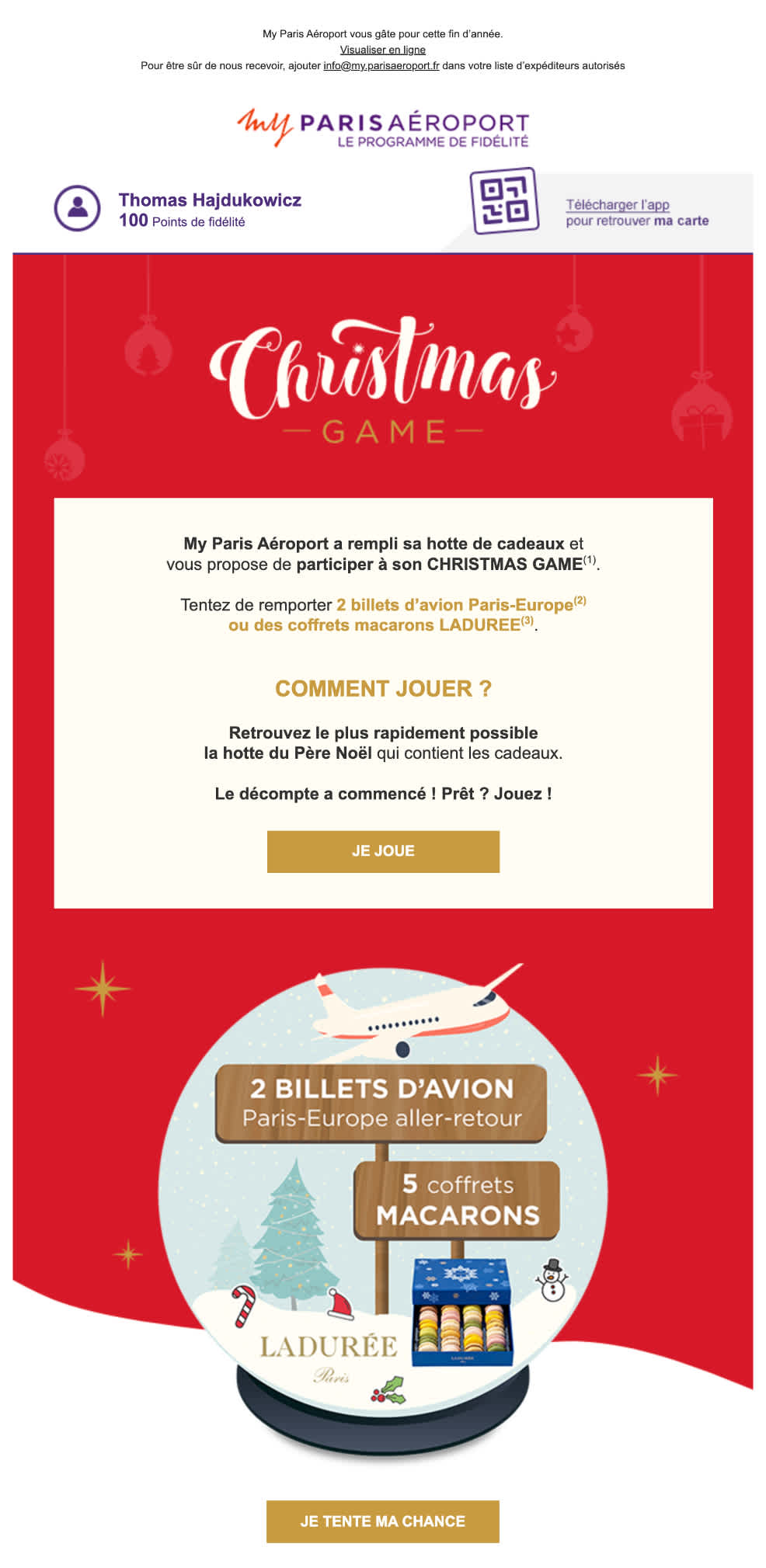 Capture d’écran d’un jeu concours de Noël des Aéroports de Paris