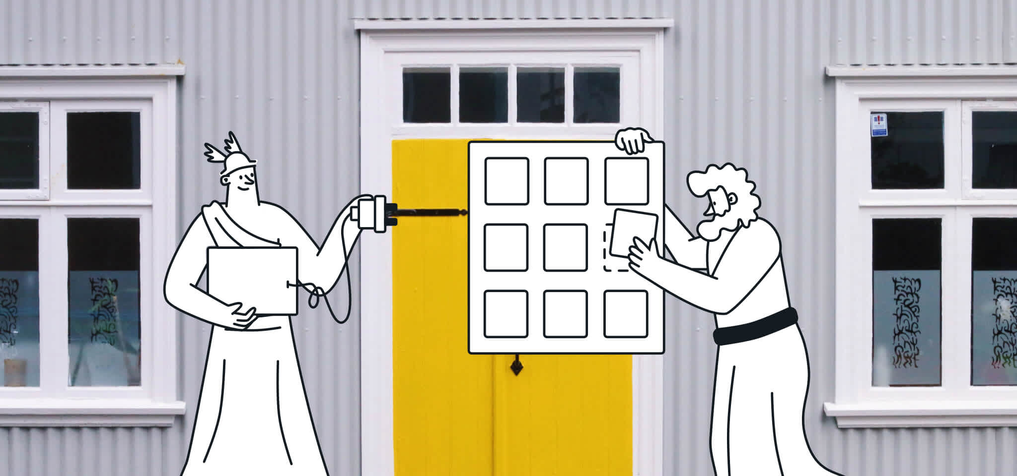 Dioses juntando cosas frente a una puerta amarilla
