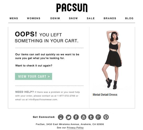Abandon cart email with copy and dress.