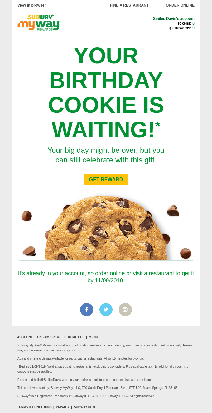 Birthday email from Subway