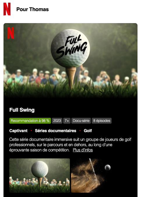 Capture d'écran d'un email promotionnel personnalisé de Netflix