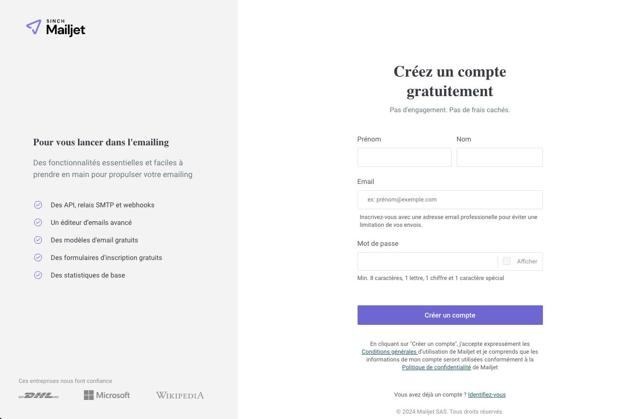 Un exemple de landing page « Commencer maintenant » de Sinch Mailjet