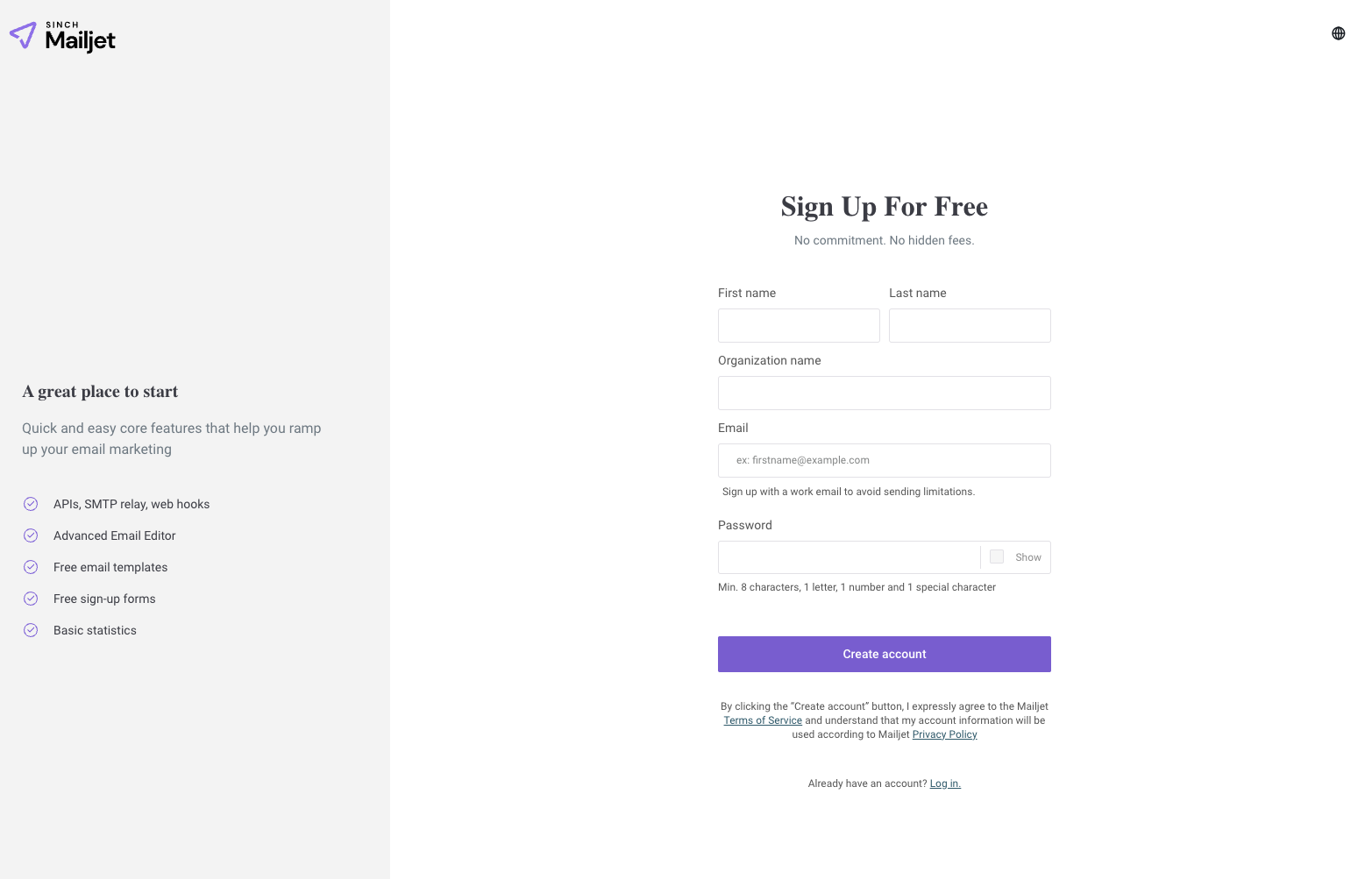 An example “get started” landing page from Sinch Mailjet