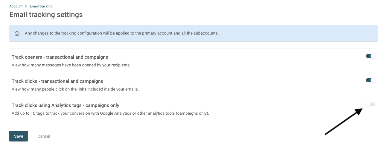 An image showing how to toggle Analytics Tracking in the Mailjet platform