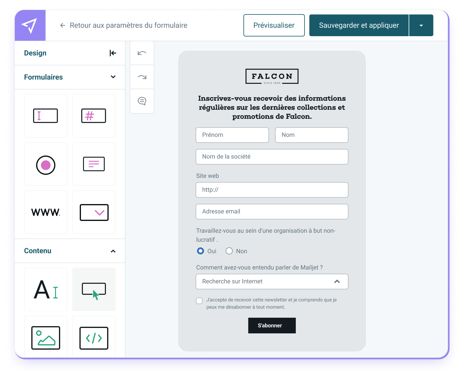 L'Éditeur de formulaires en « drag-and-drop » de Mailjet.