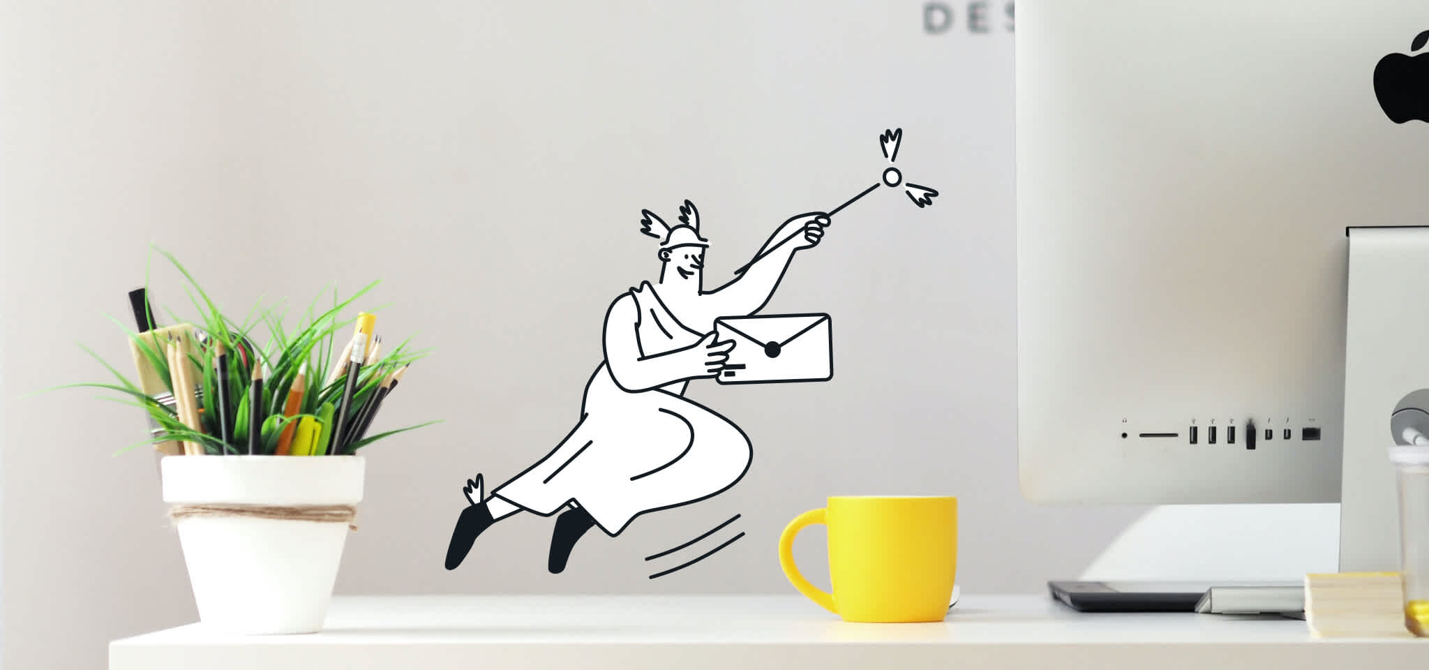 Hermes with letter flying over the desk