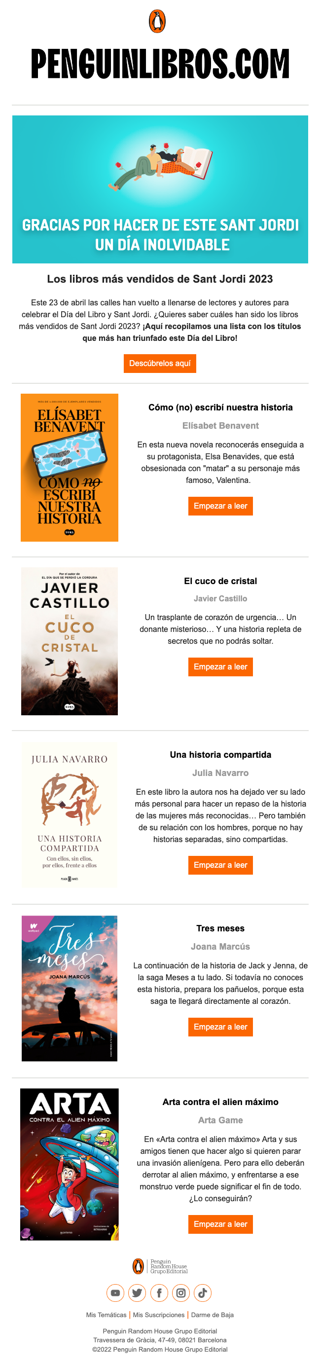 Un correo electrónico de Penguin con los cinco libros más vendidos en Sant Jordi.