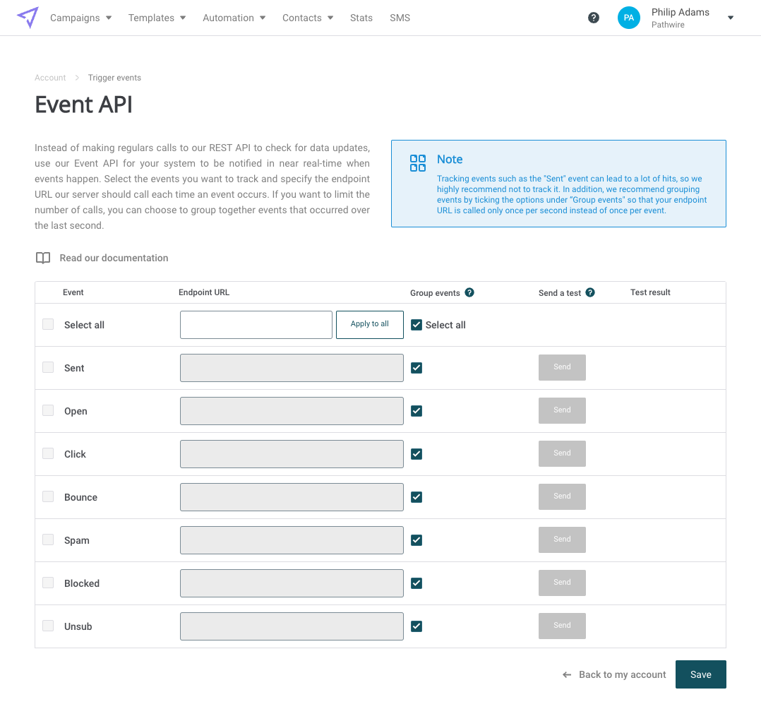 Mailjet event API page