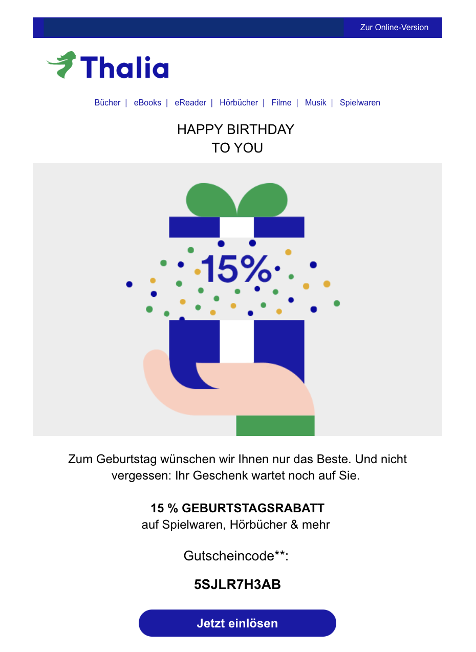 E-Mail-Geburtstagskampagne von Thalia mit einem Gutschein