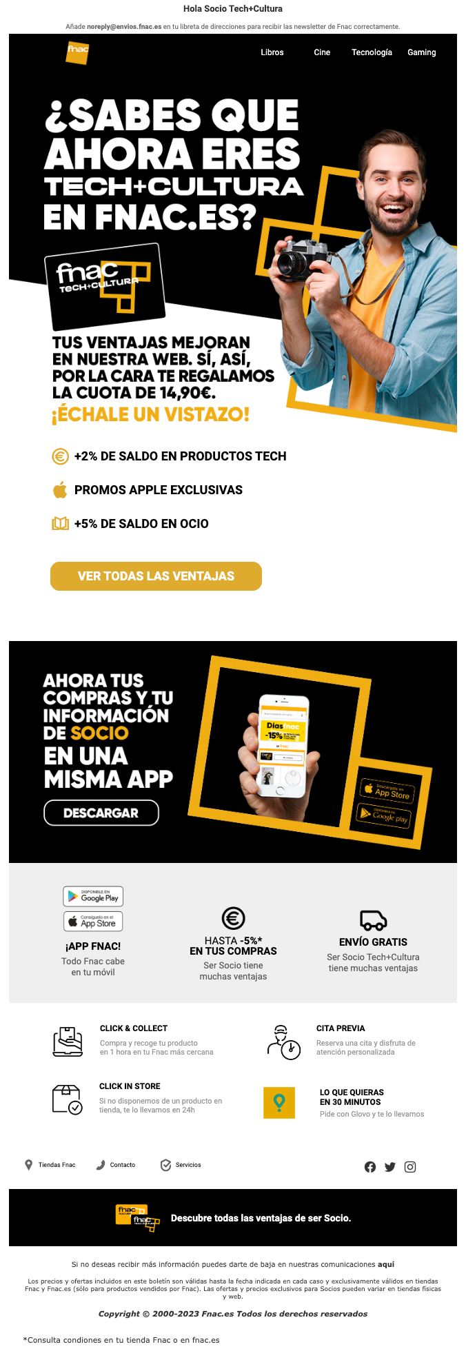 Un correo electrónico de FNAC para sus socios con el diseño y estilo clásicos de su marca.