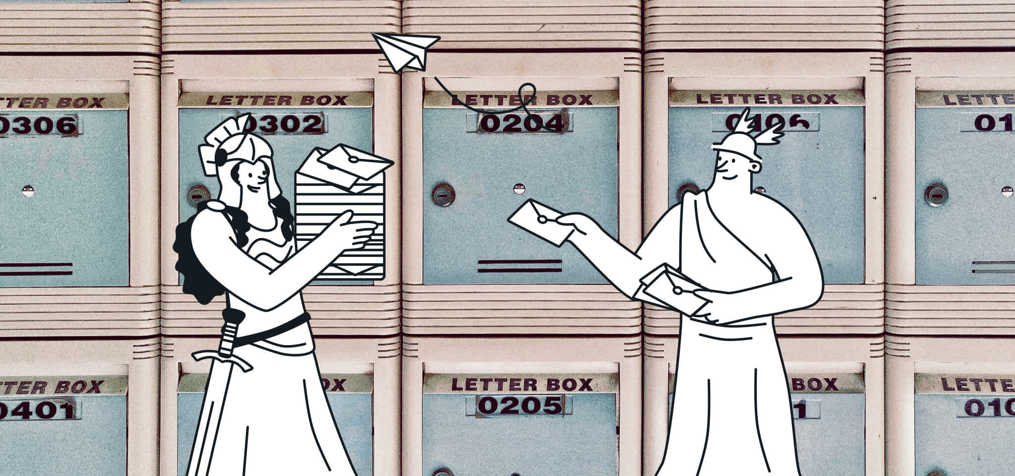 Hermès et une déesse distribuent des courriers dans les boîtes aux lettres
