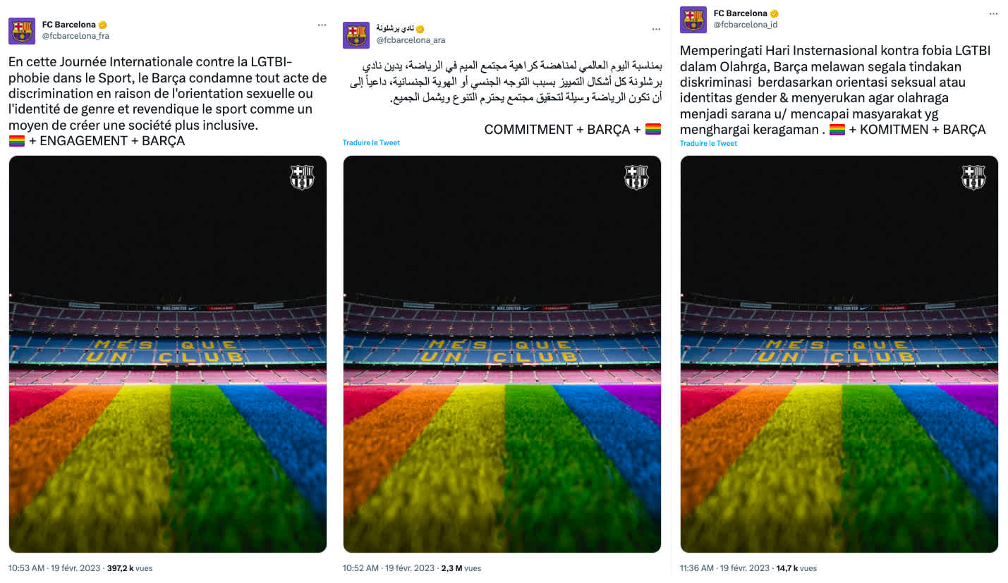 Capture d’écran de différents tweets du FC Barcelona contre la LGBTI-phobie.