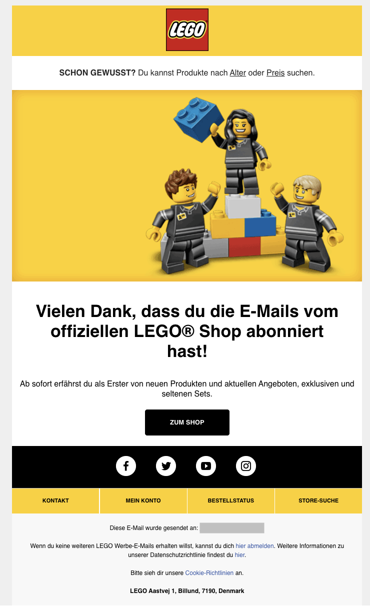 Transaktions-E-Mail die den Erhalt des Newsletters von Lego bestätigt