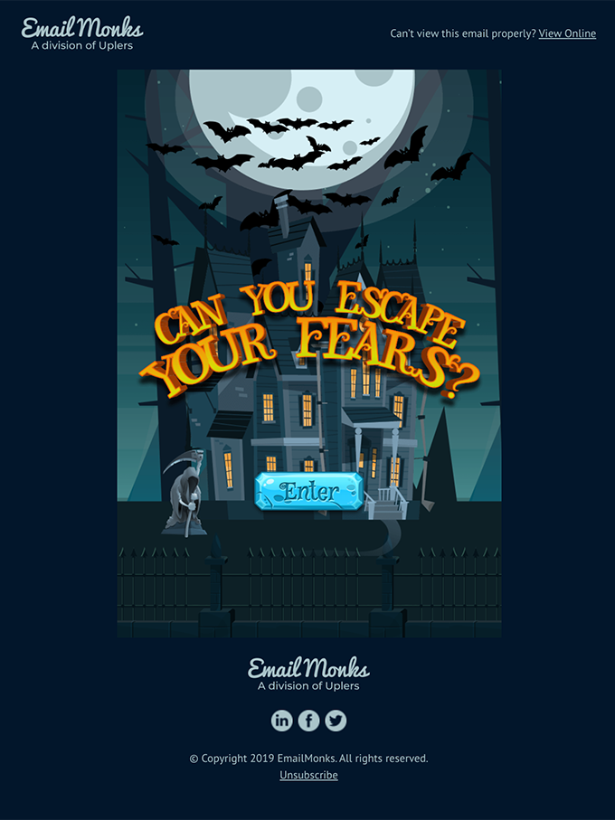 Halloween email campaign with mysterious header and CTA.