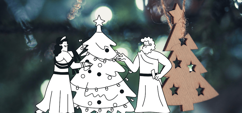 Zeus and a Goddess decorate a Christmas tree