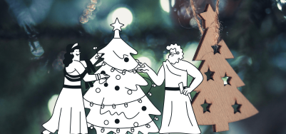 Zeus and a Goddess decorate a Christmas tree