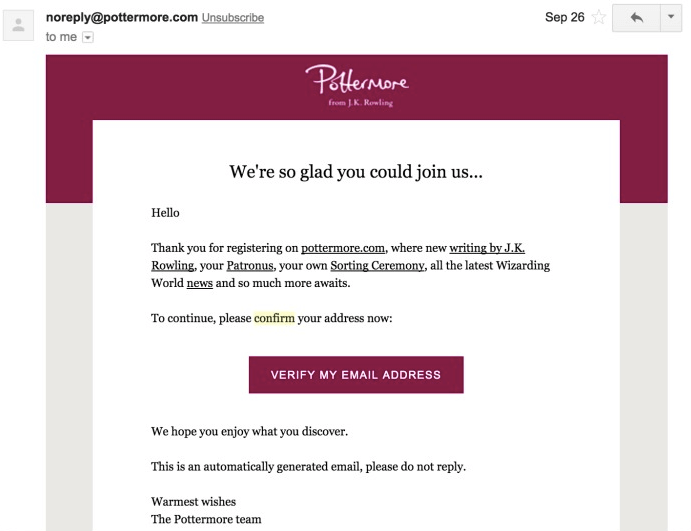 Pottermore verification email
