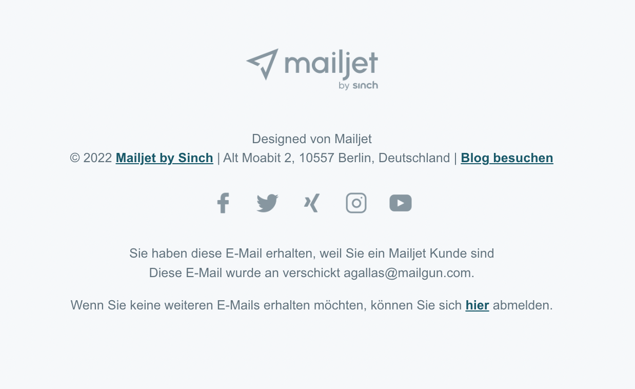 Bild, dass die Fußzeile des Marketing-Newsletters zeigt, inklusive Abmeldelink