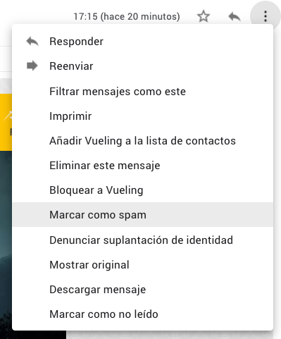 Imagen del menú de Gmail donde se destaca la opción para marcar emails como spam.