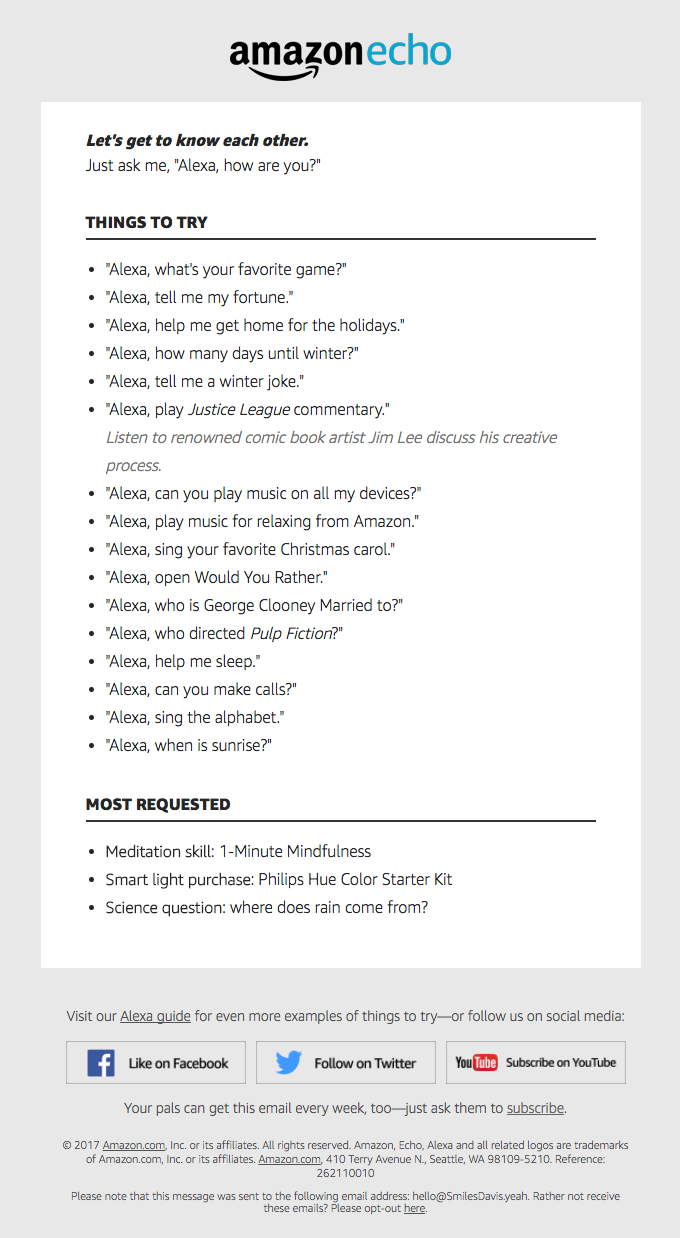 Ejemplo de email de bienvenida de amazonecho y Alexa