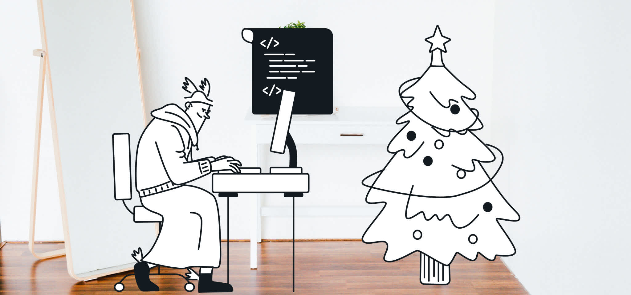 Hermes typing in a room with a Christmas tree
