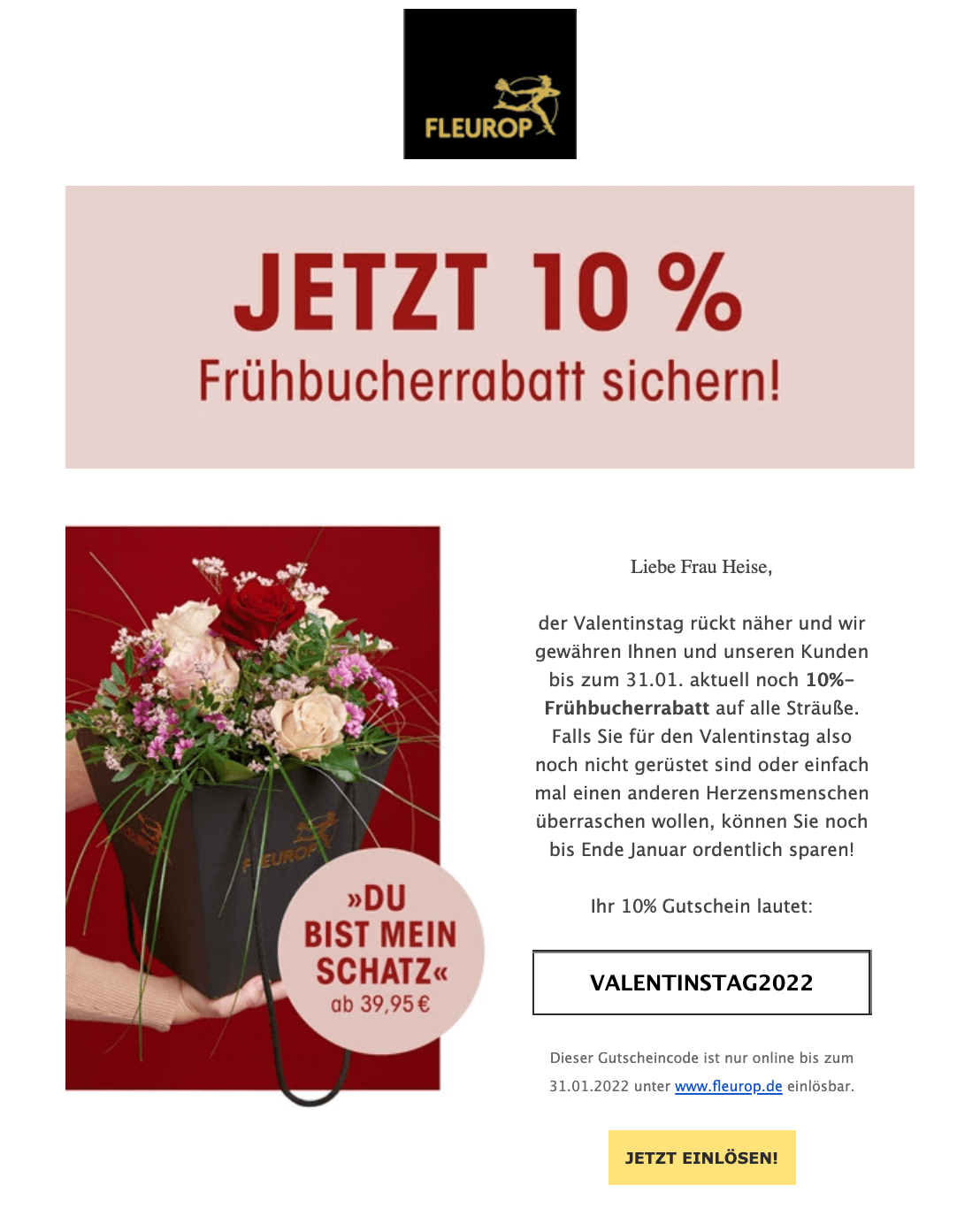 Abbildung, die einen Valentinstag-Newsletter von Fleurop zeigt