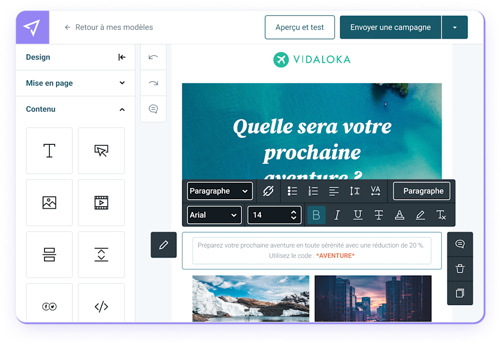 Des options de l’éditeur d’emails de Mailjet pour créer des emails personnalisés, adaptés à vos besoins.