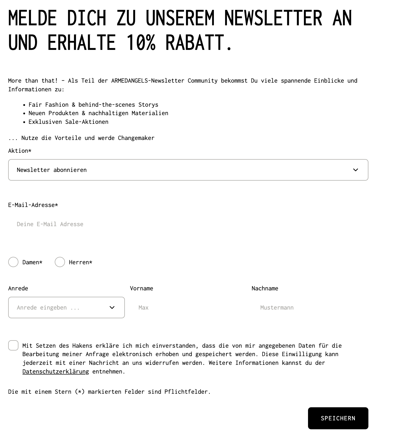 Bild von der Marke ARMEDANGELS, dass die Newsletteranmeldung mit Checkbox zeigt.