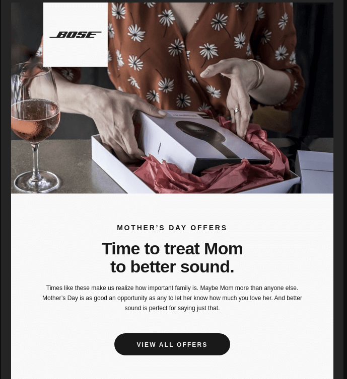 Mother’s Day email subject line example from Bose