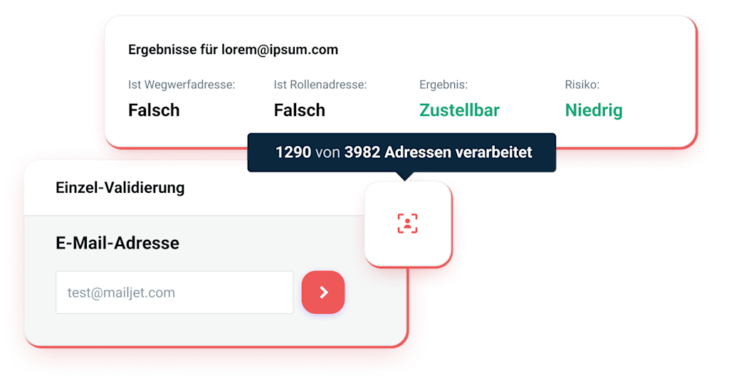 Graphische Abbildung, die zeigt, wie eine einzige E-Mail-Validierung ungültige E-Mail-Adressen erkennt.