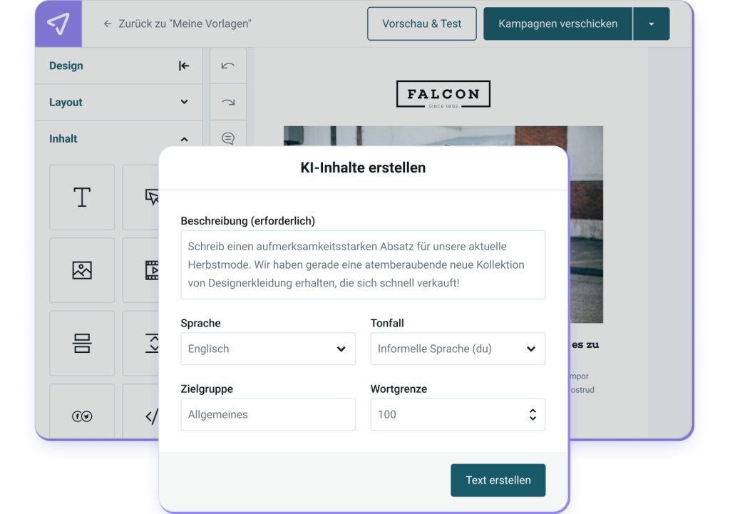 Das Layout des KI-Textgenerators von Mailjet, mit Beschreibungsoptionen