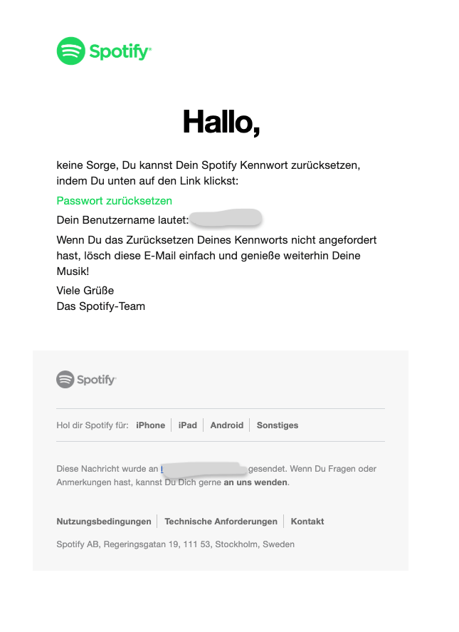 Passwort Zurücksetzungs-E-Mail von Spotify