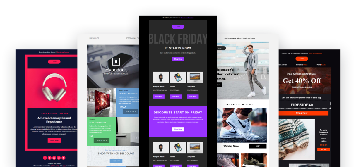 Diverse Vorlagen für den Bereich E-Commerce aus der Vorlagen-Gallery von Mailjet