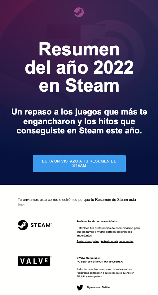 Email de Steam con el repaso del año.