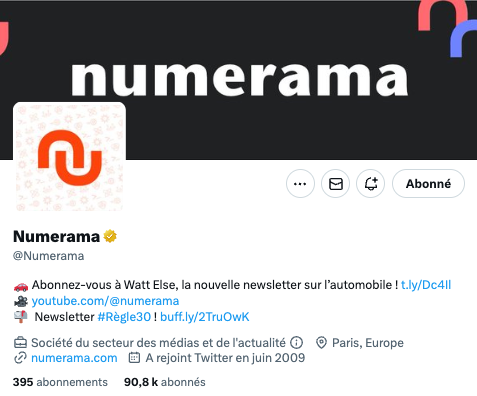 Capture d’écran du profil Twitter du site Numerama