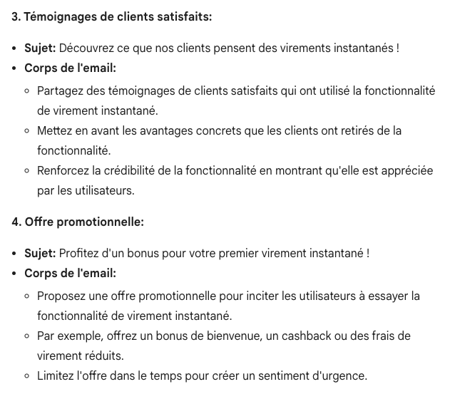 Deux idées de campagne d’emailing générées par Gemini