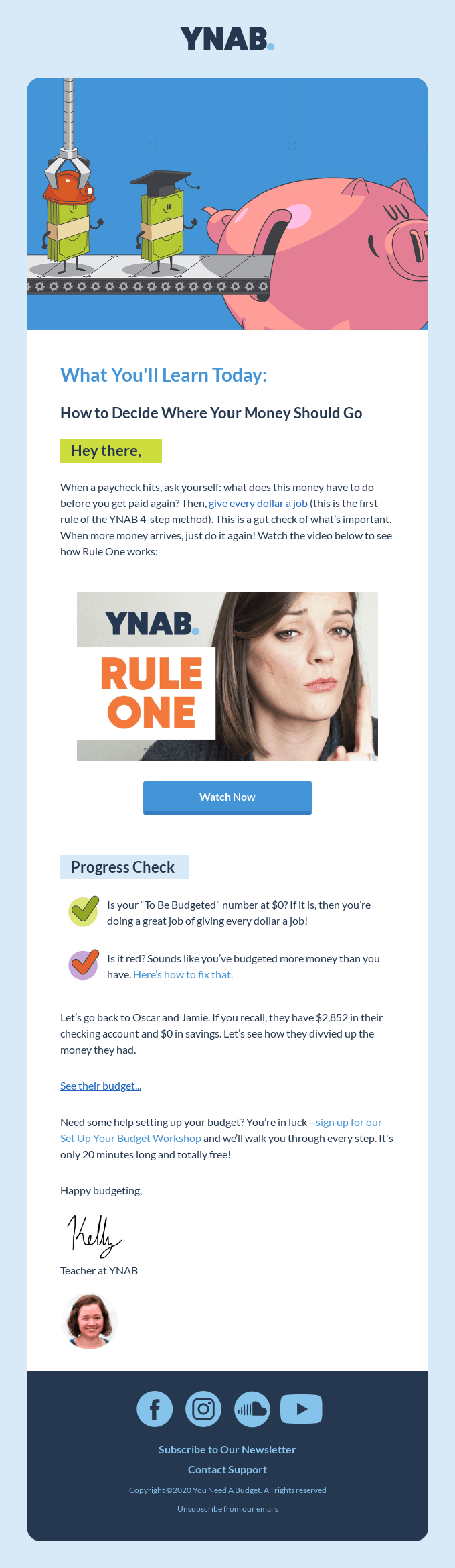 YNAB email offering money and budgeting education