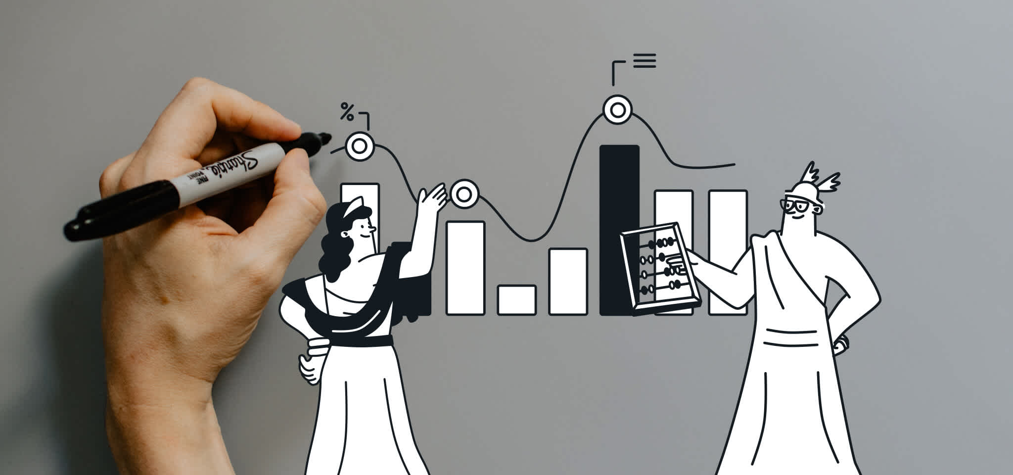 Hermes and a Goddess share data while a hand draws