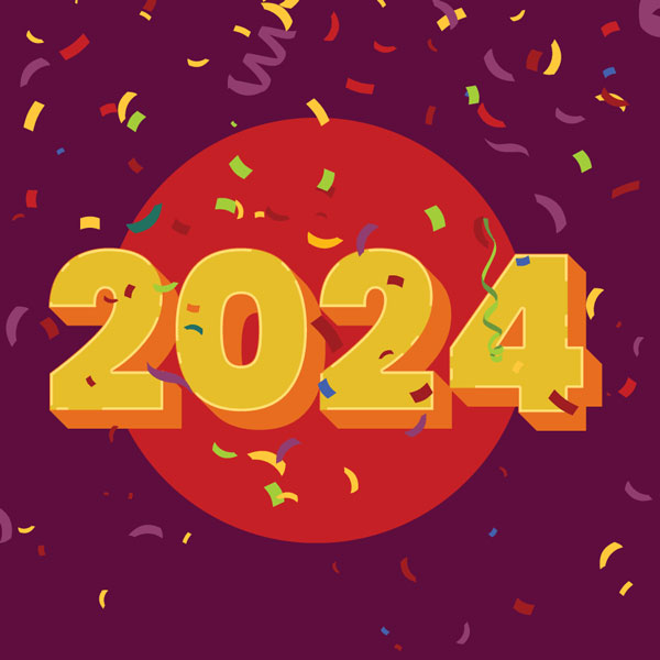 purple background with orange circle. 2024 overlaps the orange circle and confetti is falling down the graphic.