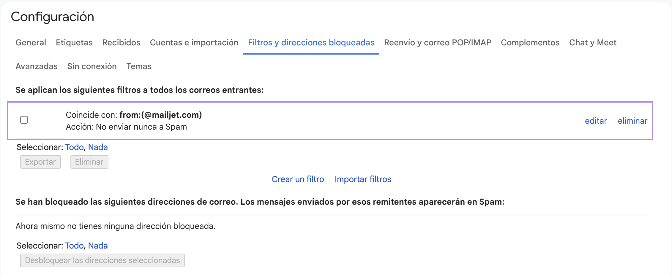 Captura de pantalla que muestra un dominio incluido en la lista blanca en Gmail.