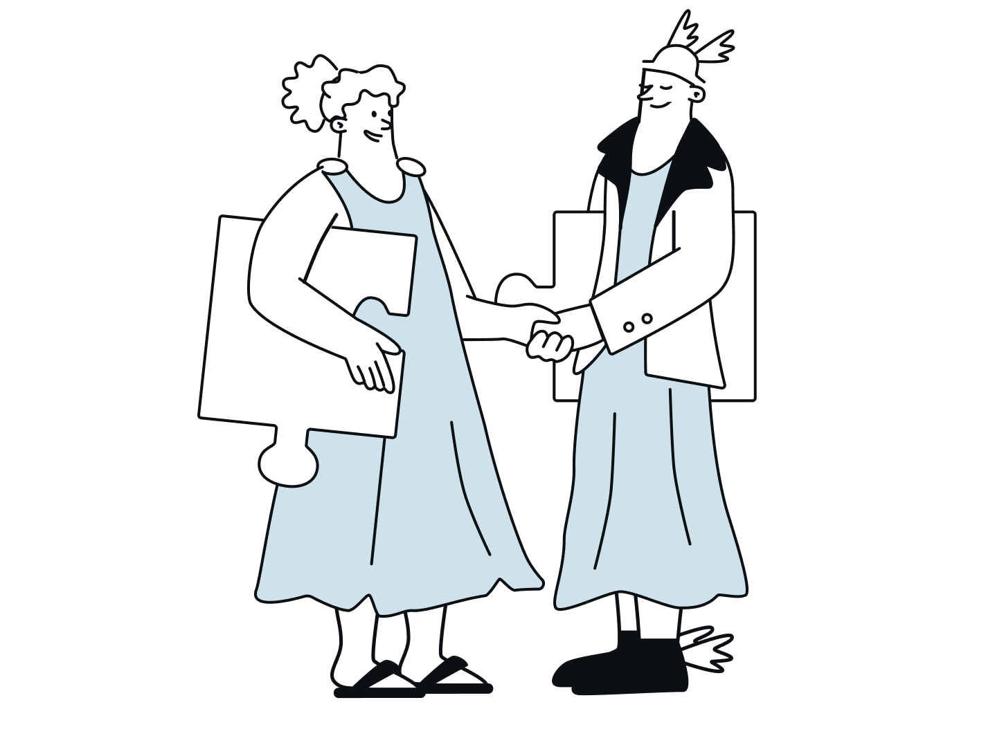 Artemis und Hermes reichen sich die Hand und tragen große Puzzleteile unter dem Arm