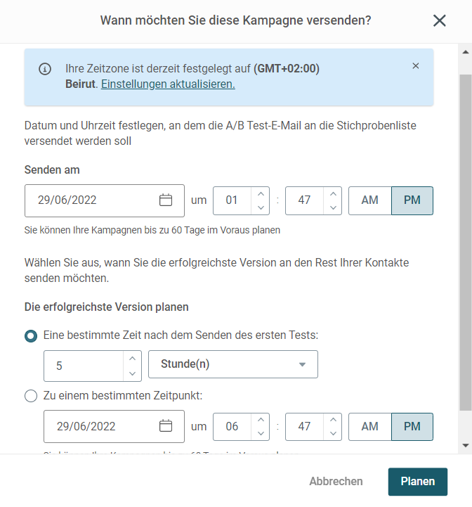 Abbildung der Mailjet Interface. Hier wird die Möglichkeit gezeigt, A/B Test sofort oder zu einem bestimmten Zeitpunkt zu versenden.